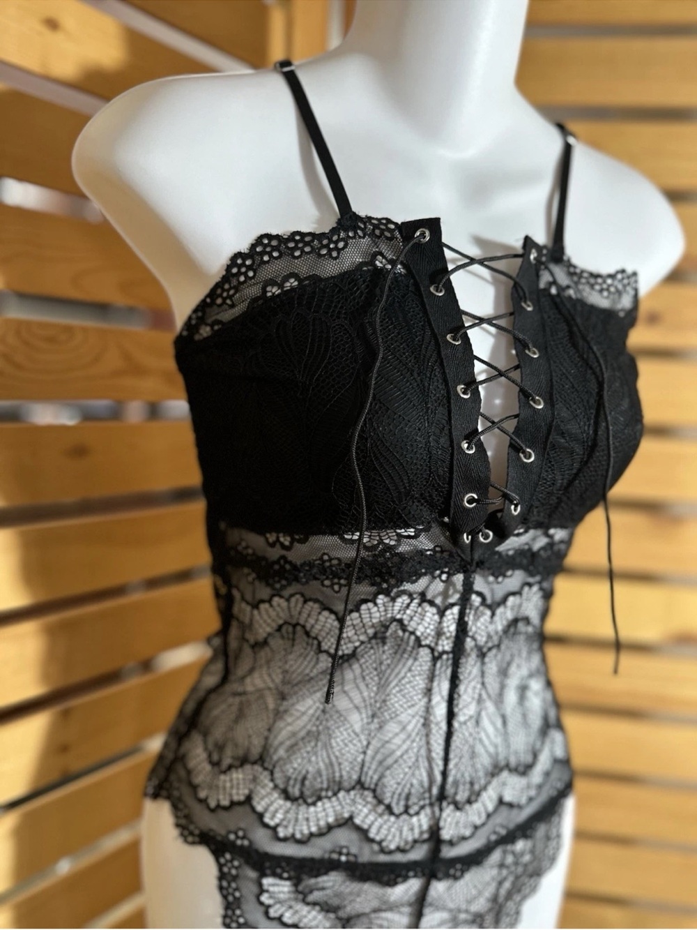 Black Lace Lace-Up Bodysuit with Sheer Floral Panels